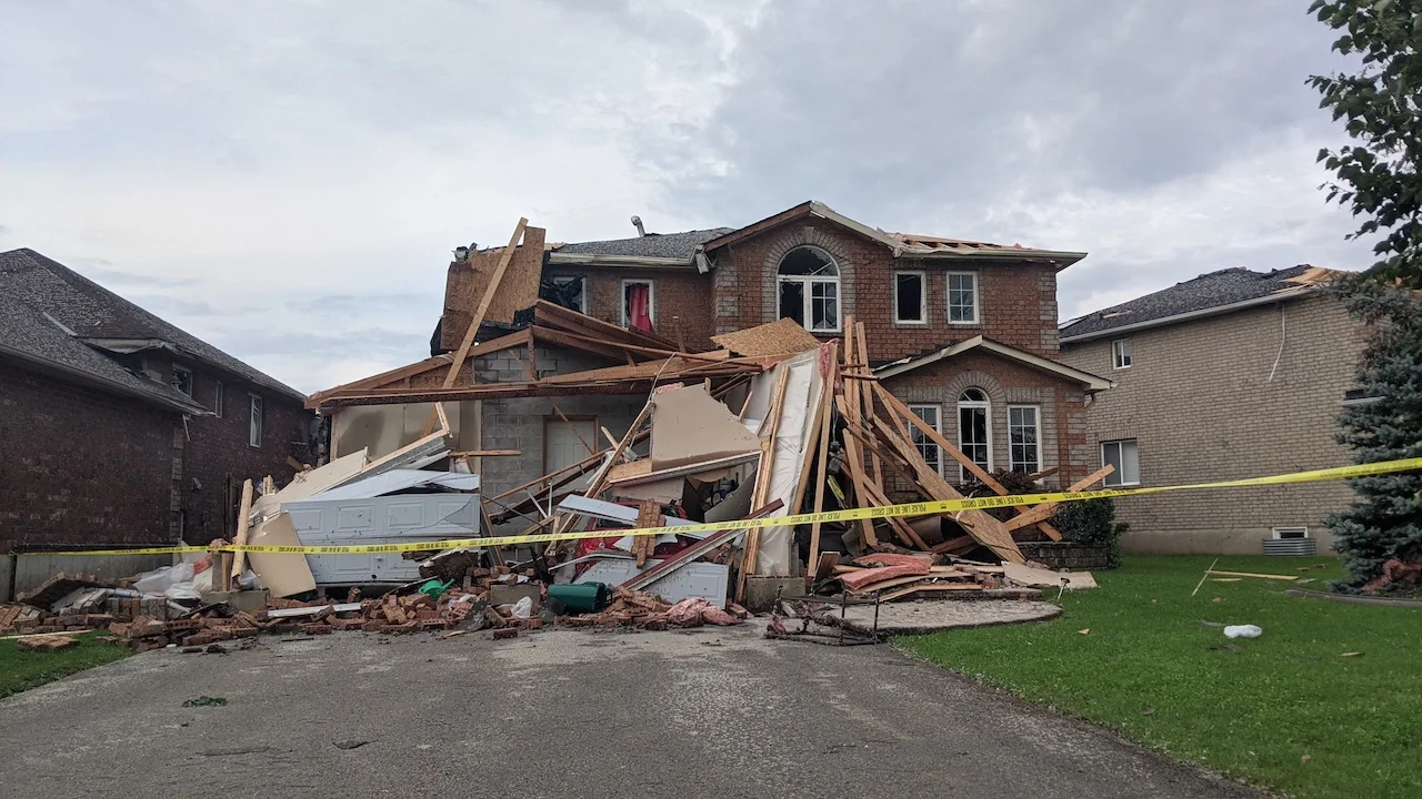 Storm-damaged property undergoing emergency stabilization and restoration